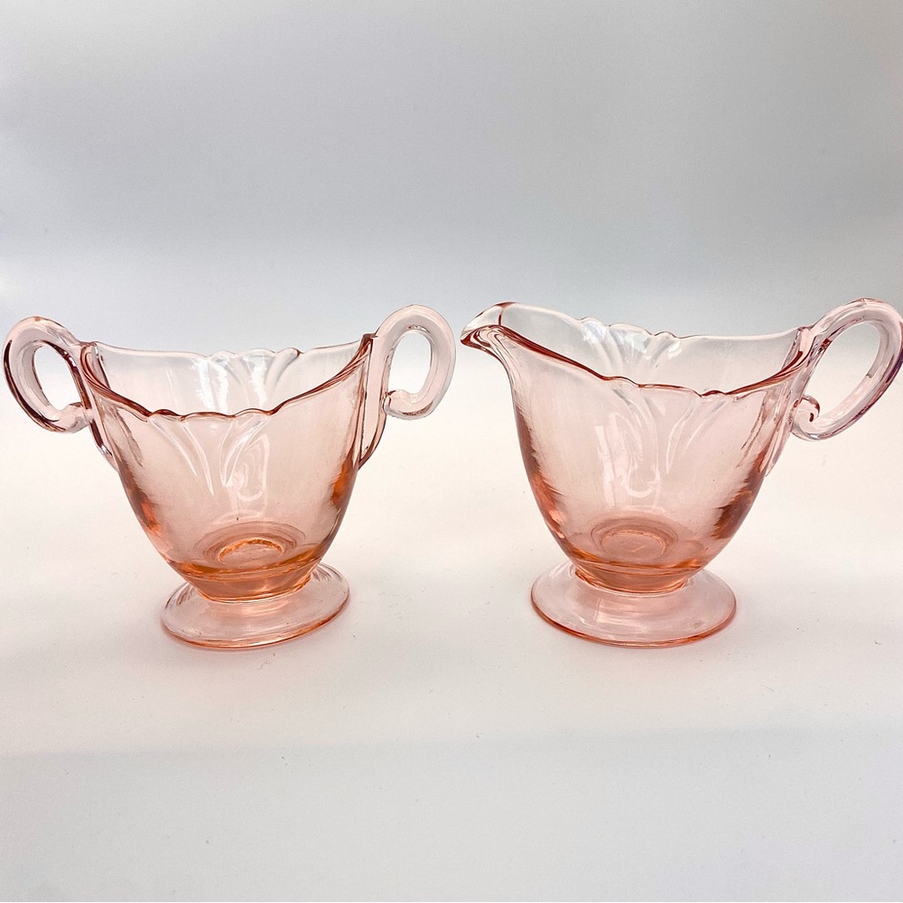 Vintage Heisey Flamingo pink Empress 1401 sugar and creamer